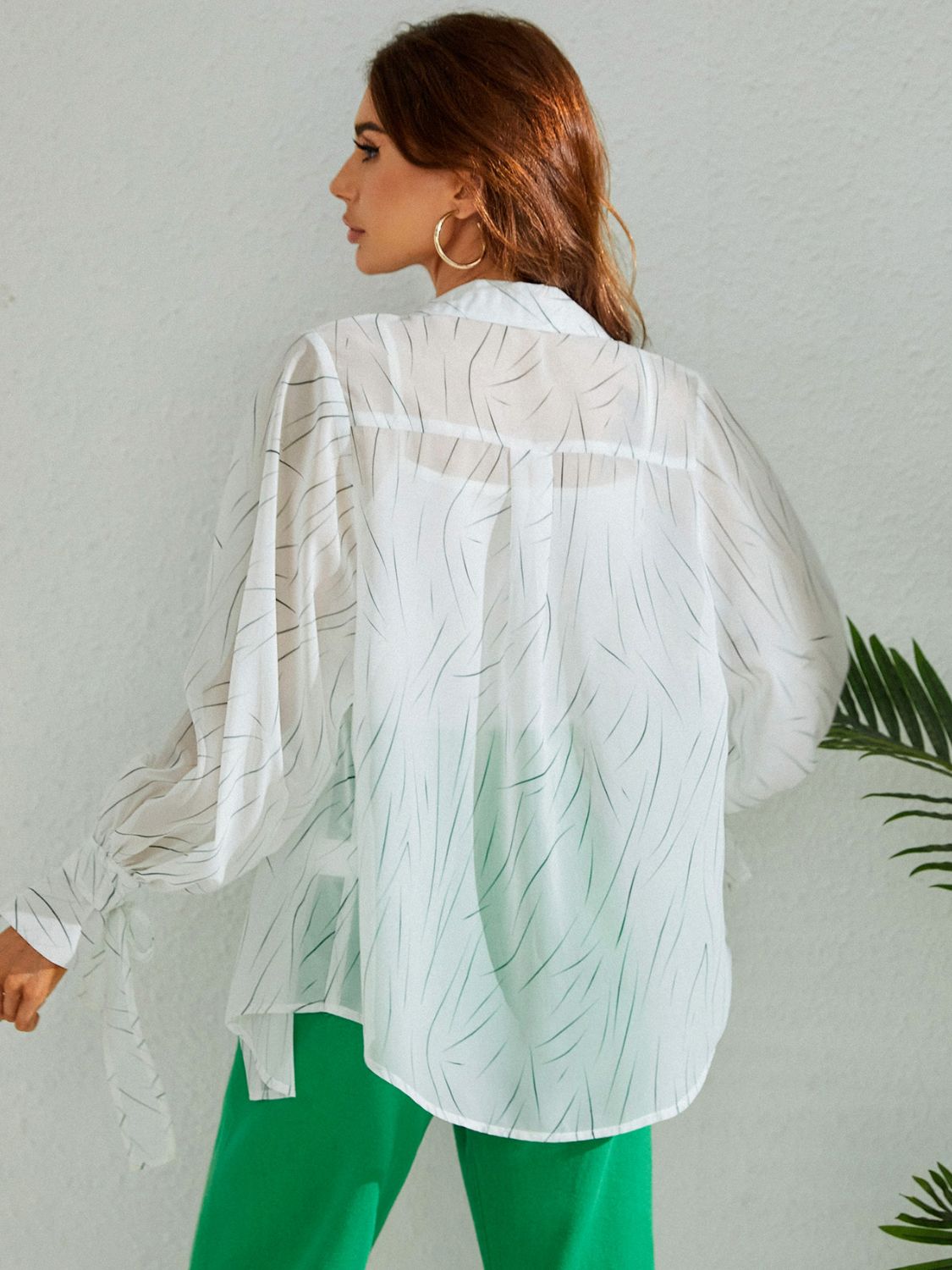 Printed Tie-Cuff Balloon Sleeve Sheer Shirt