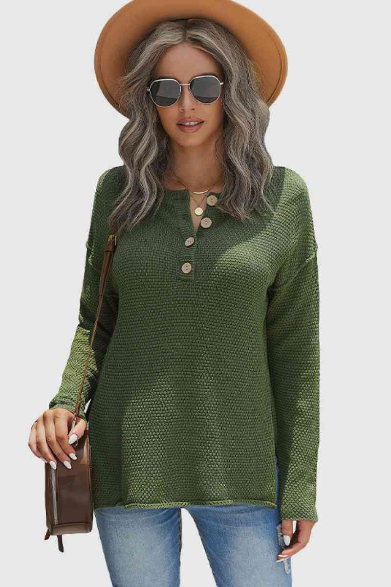 Quarter Button Dropped Shoulder Knit Pullover