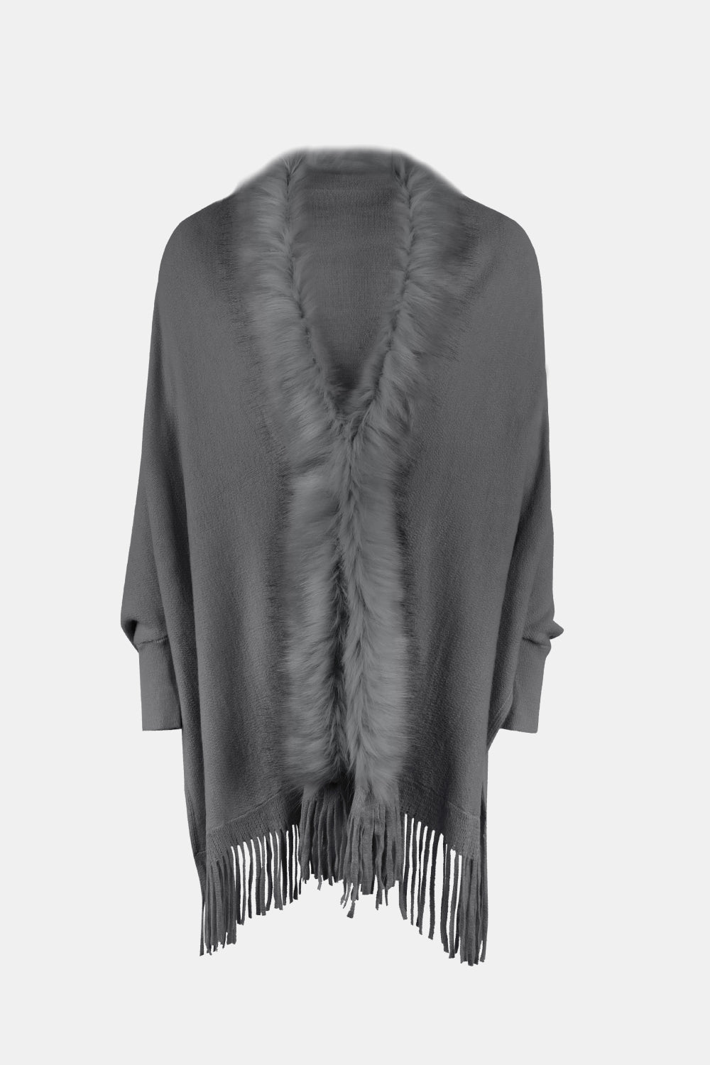 Faux Fur Trim Fringe Hem Poncho