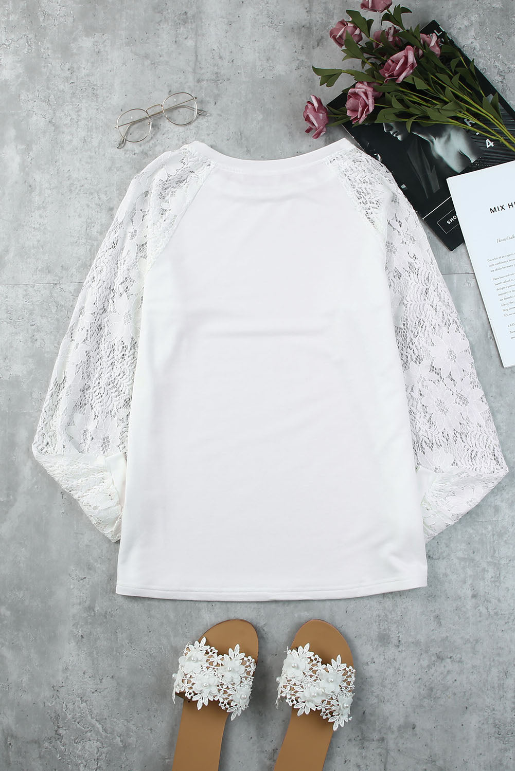 Lace Raglan Sleeve Round Neck Top