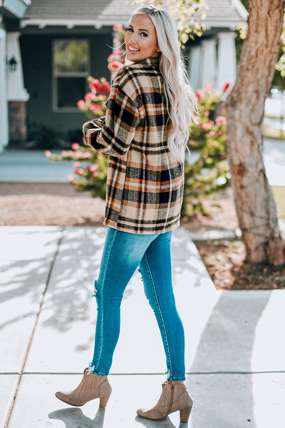 Plaid Button Front Shirt Jacket with Breast Pockets