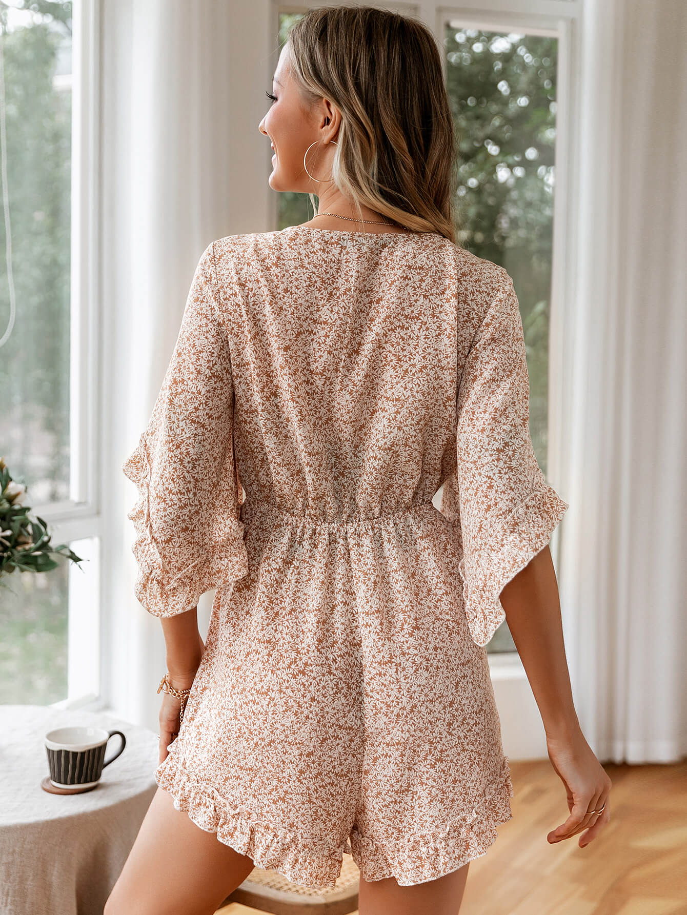 Ditsy Floral Bell Sleeve Tie-Front Romper