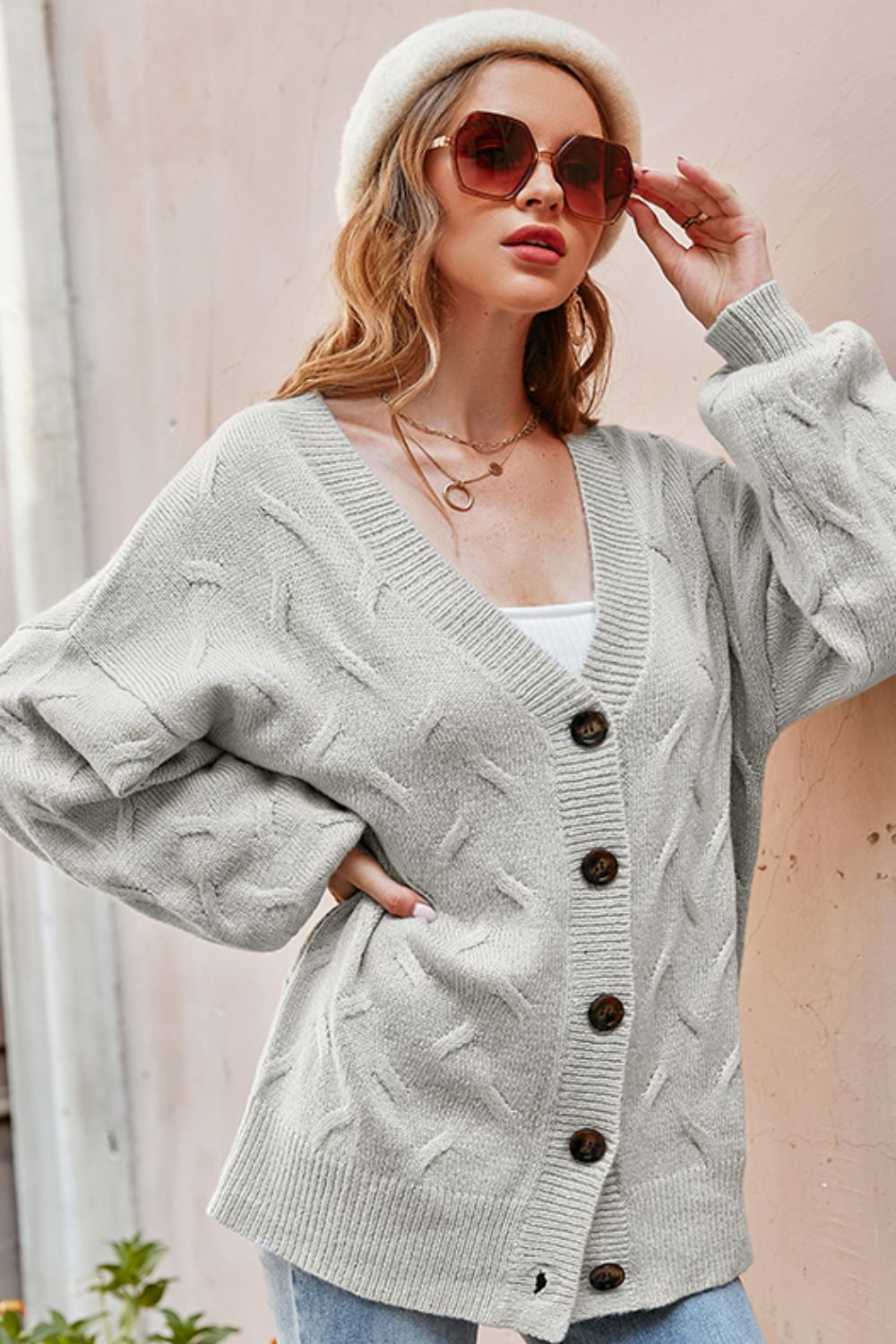 Ribbed Trim Button Down Lantern Sleeve Cardigan