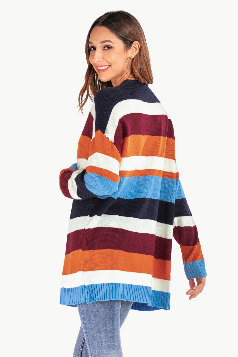 Multicolored Stripe Open Front Dropped Shoulder Cardigan