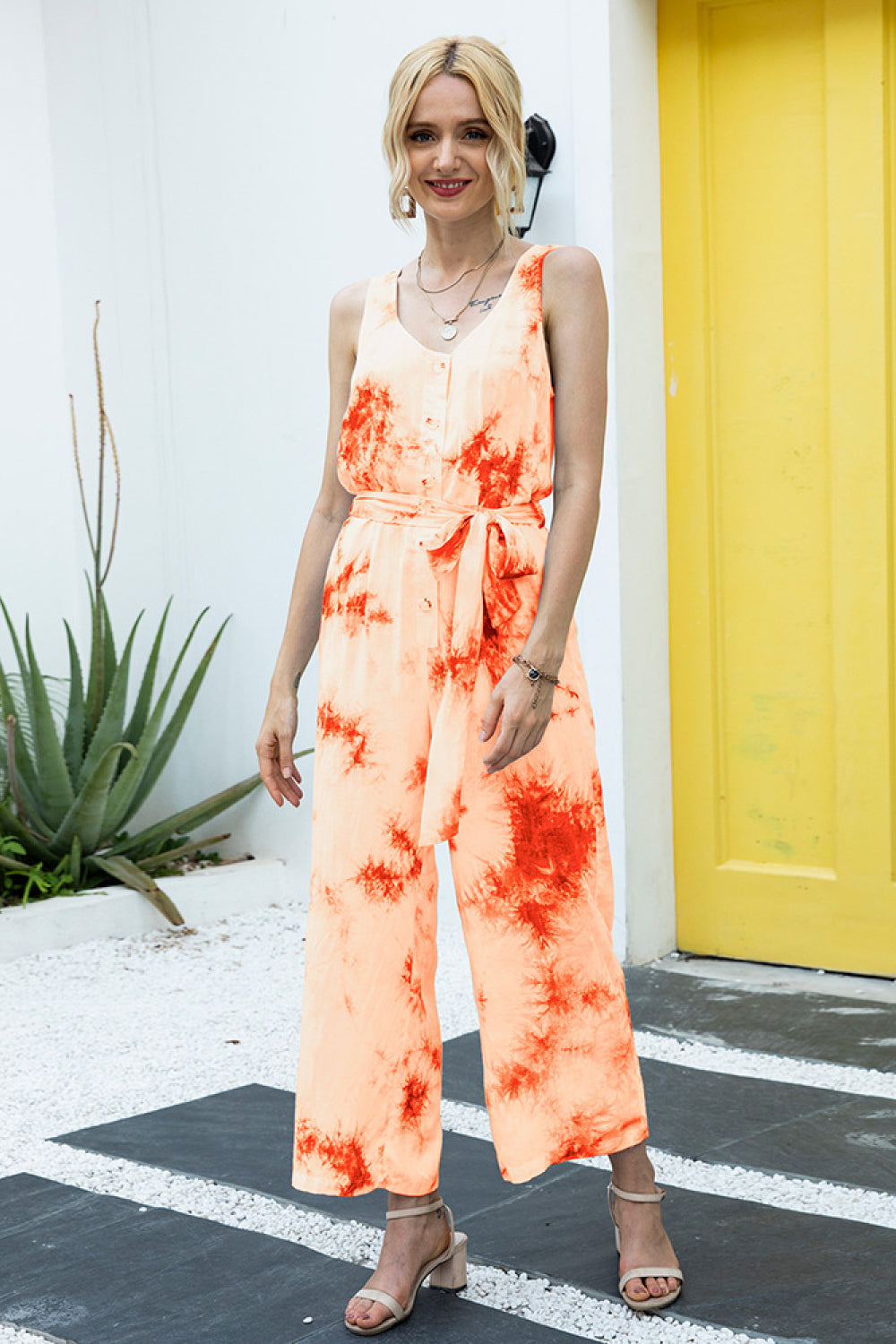 Tie-Dye Button Up Belt Jumpsuit