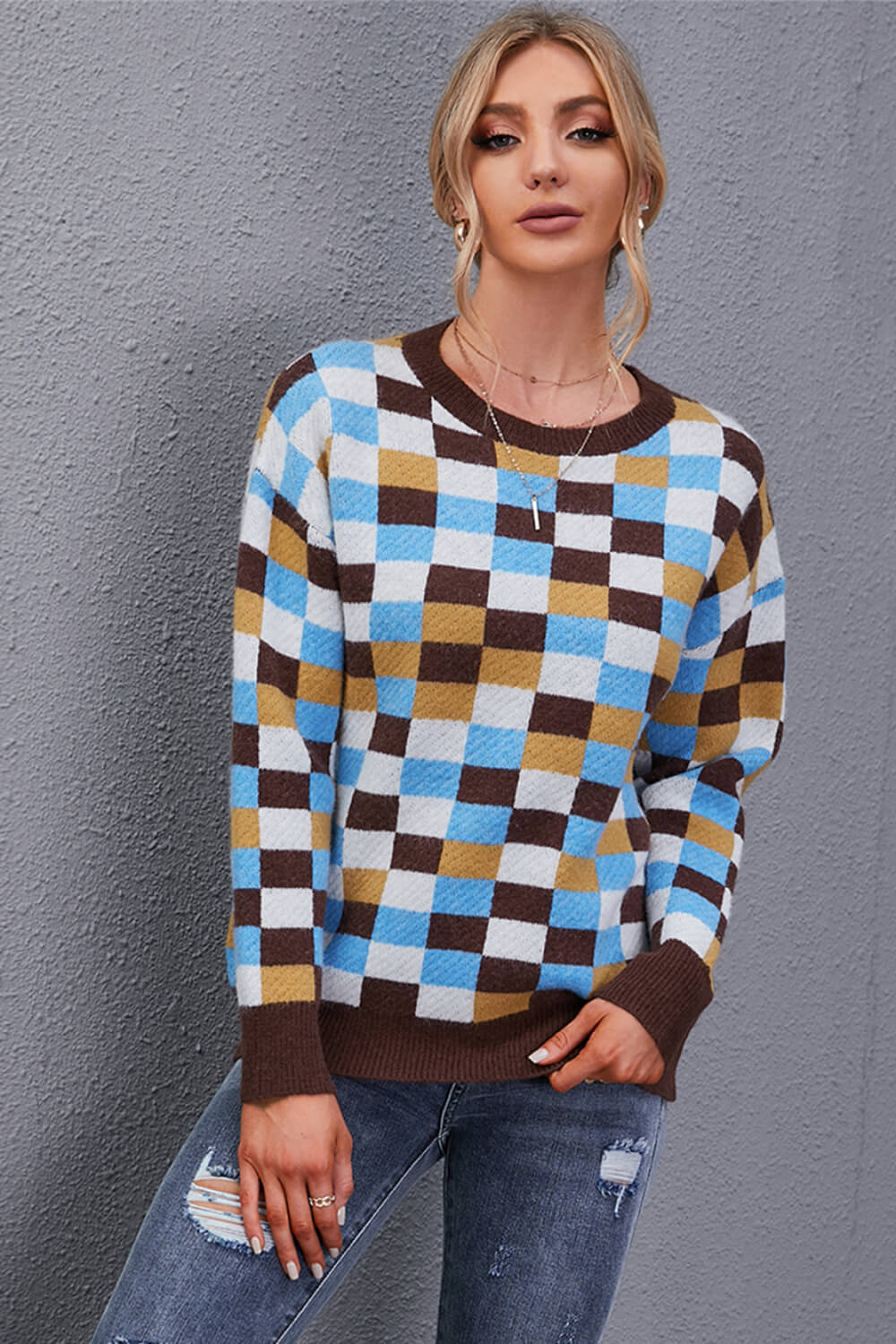 Checkered Round Neck Knit Pullover