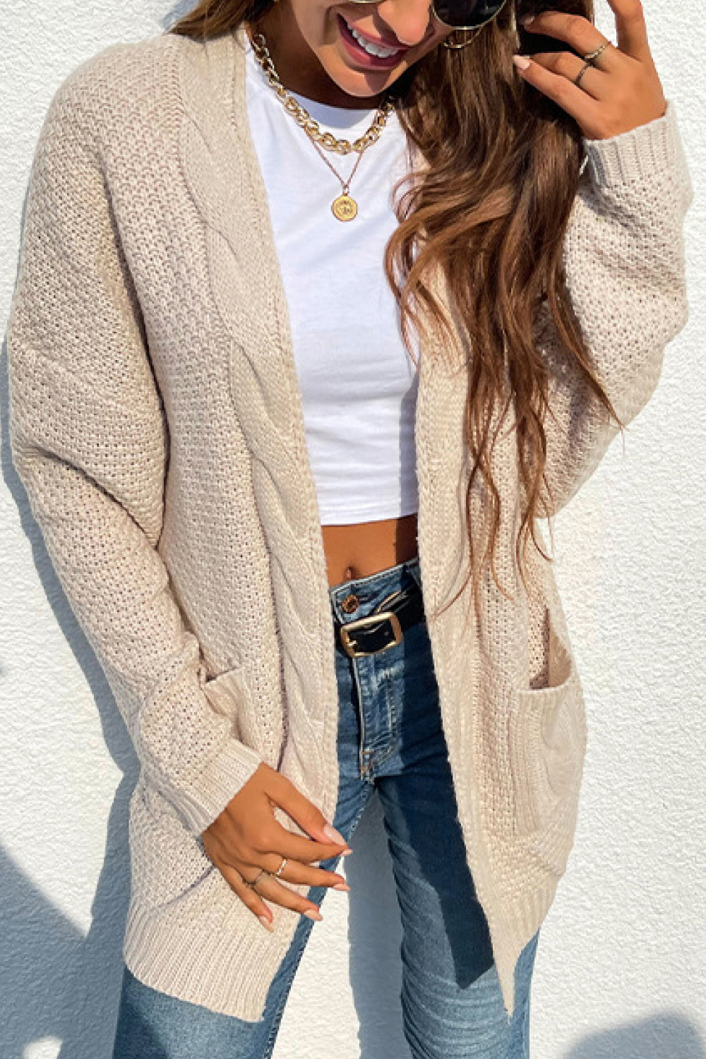 Cable-Knit Open Front Longline Cardigan