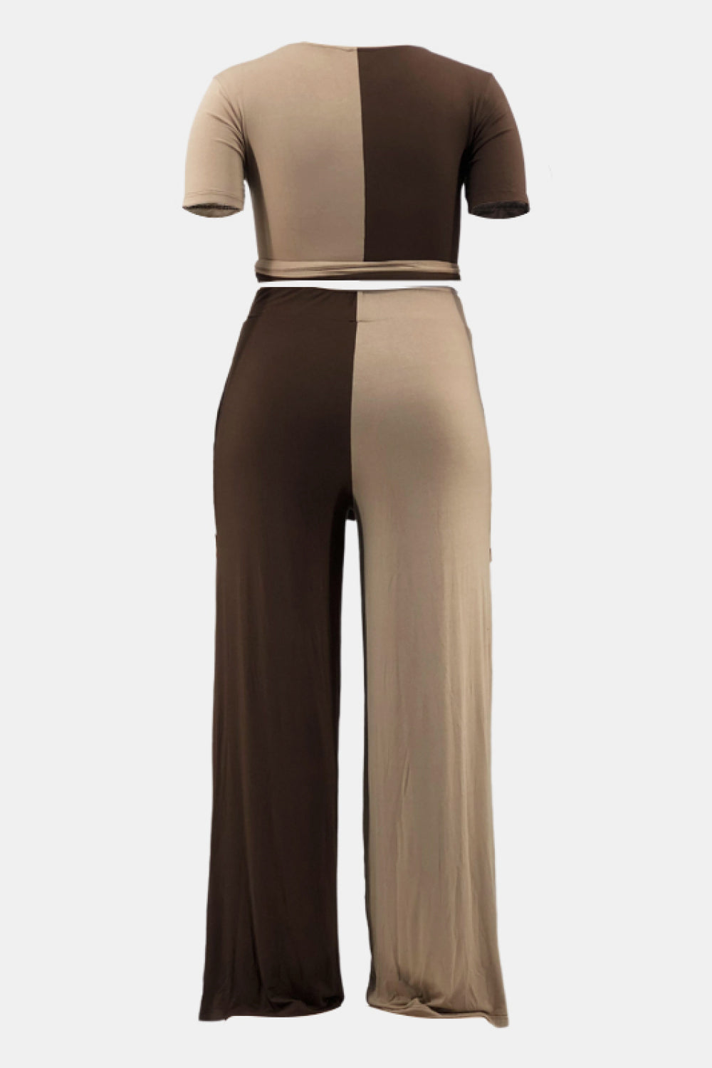 Plus Size Two-Tone Tie Front Top and Pants Set with Pockets