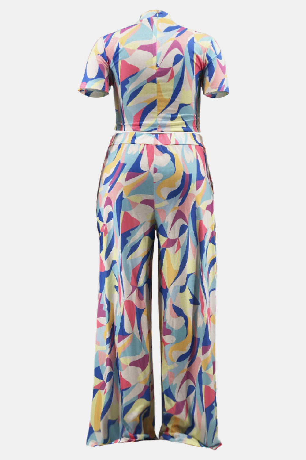 Plus Size Abstract Print Top and Wide Leg Pants Set with Pockets