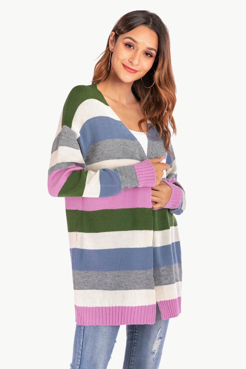 Multicolored Stripe Open Front Dropped Shoulder Cardigan