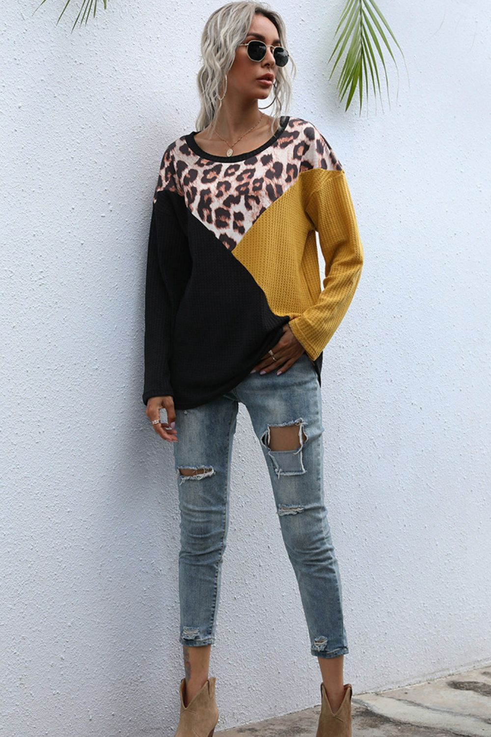 Leopard Color Block Waffle-Knit Top