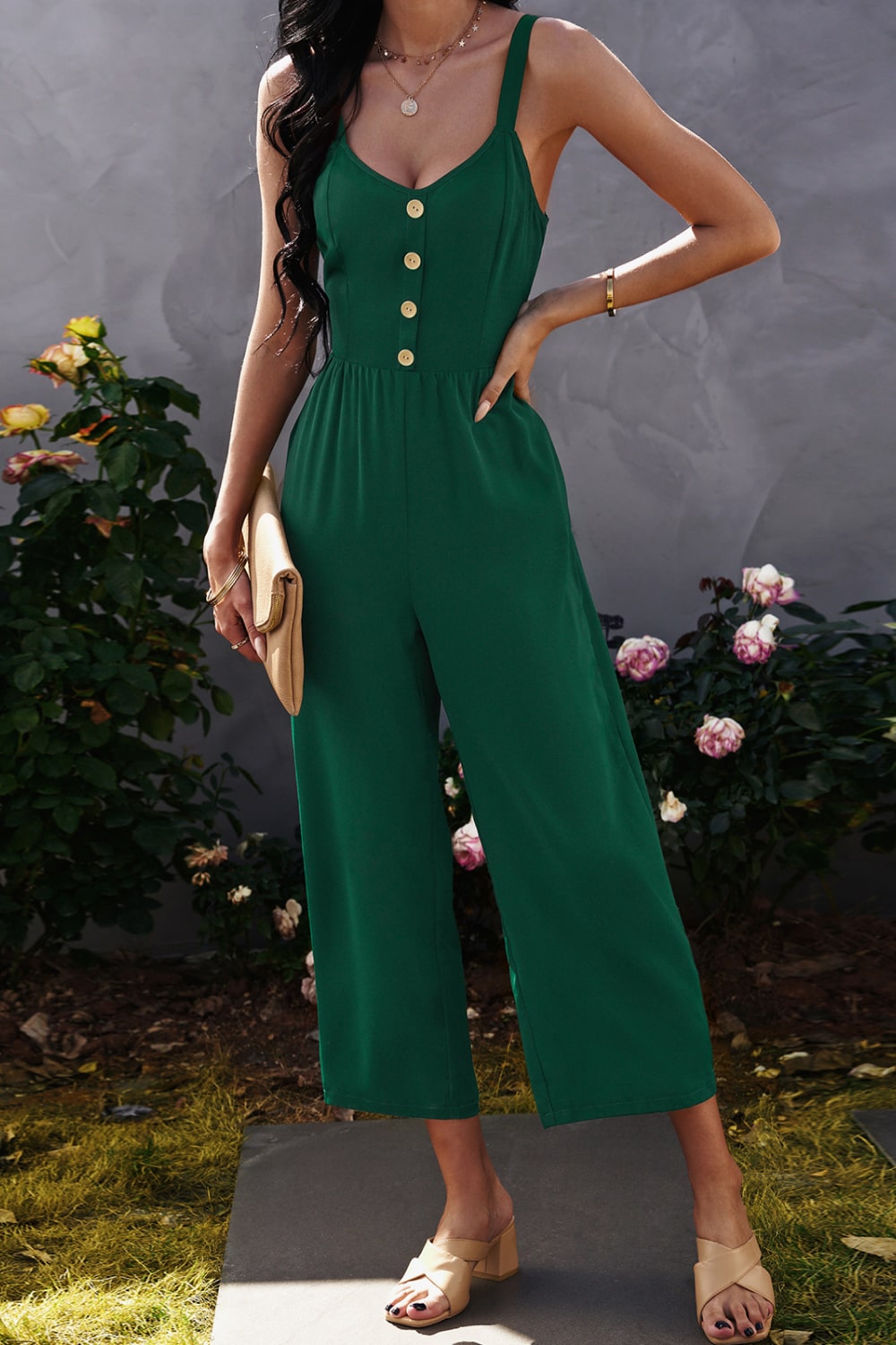 Decorative Button Wide Leg Cropped Jumpsuit