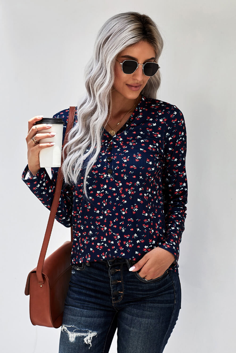 Button V-Neck Floral Top