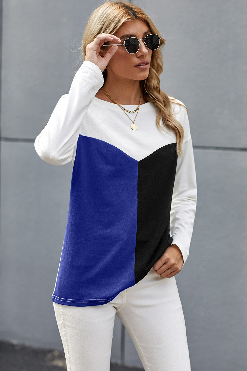 Color Block Splicing O-Neck Blouse