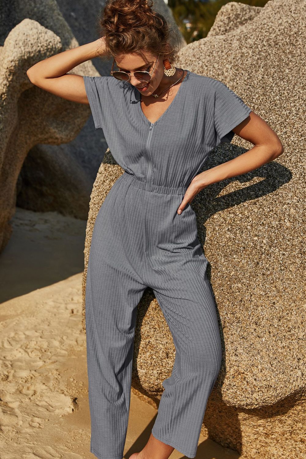 Elastic Waist Zip Up V-Neck Jumpsuit