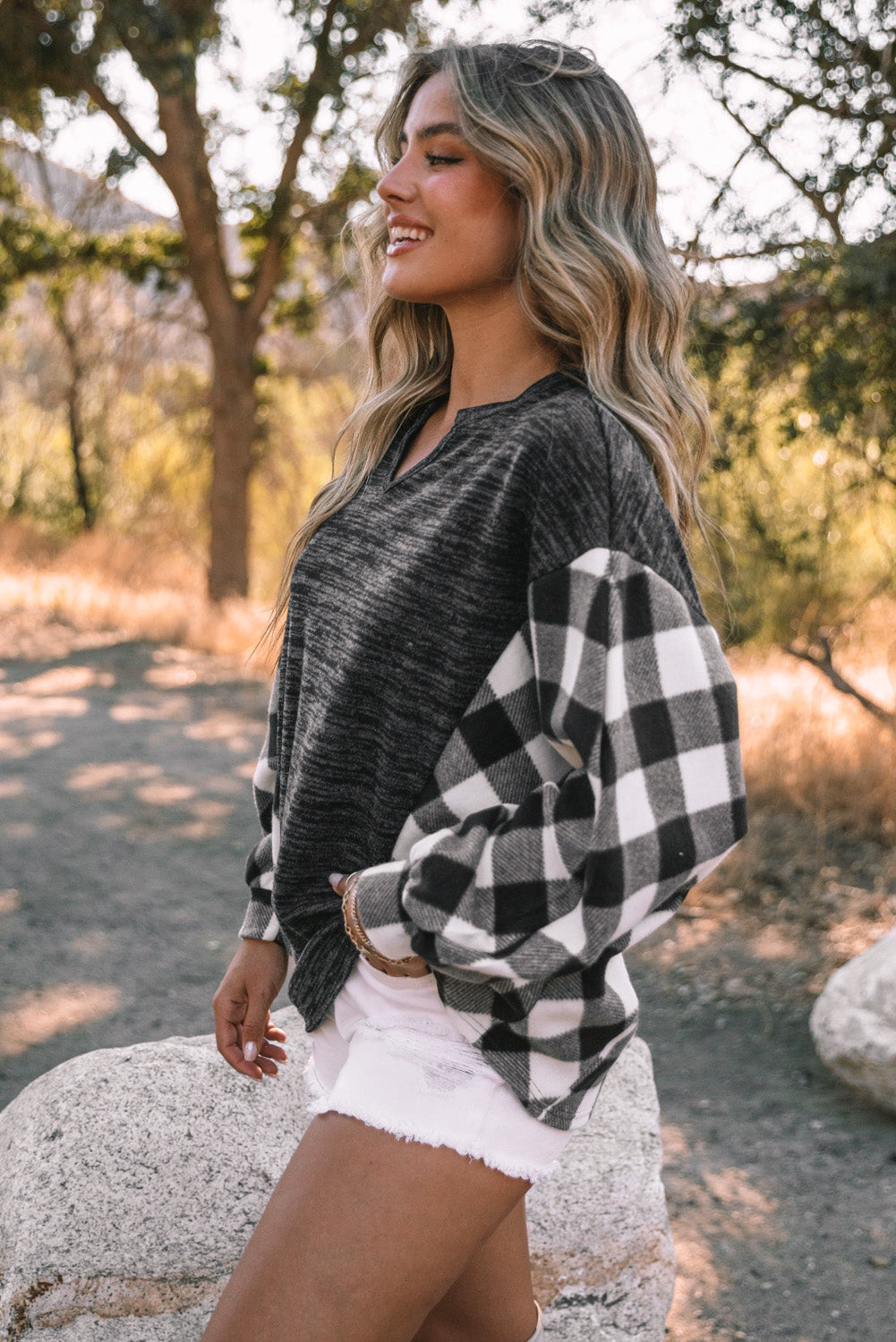 Plaid Notched Neck Top