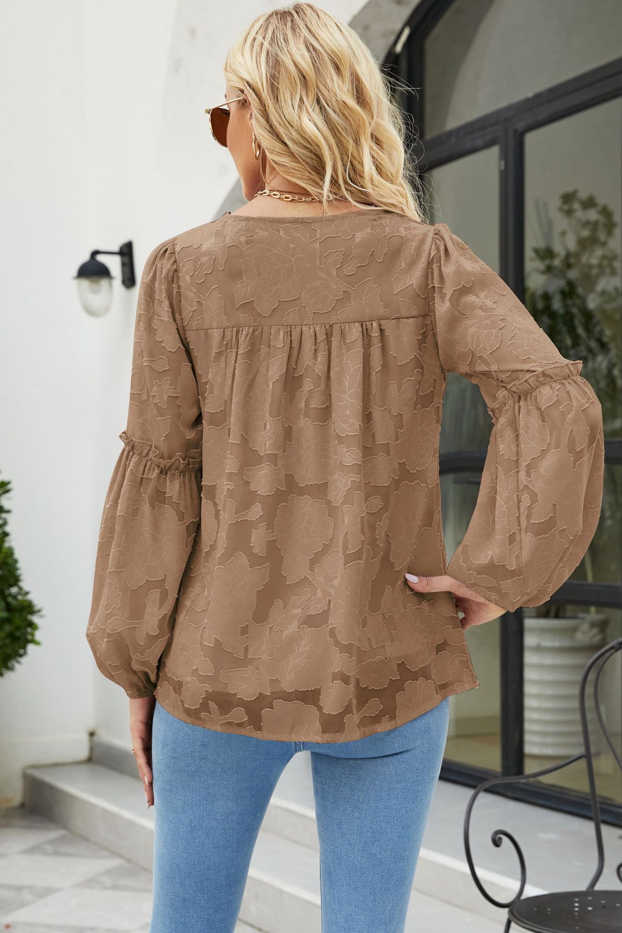 Applique Frill Trim Gathered Detail Blouse