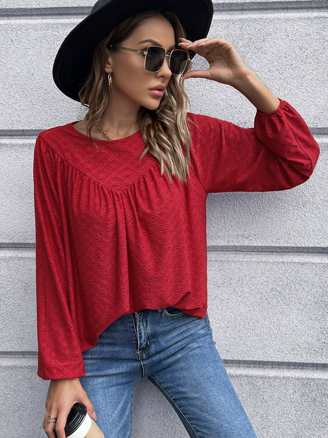 Openwork Gathered Detail Balloon Sleeve Blouse