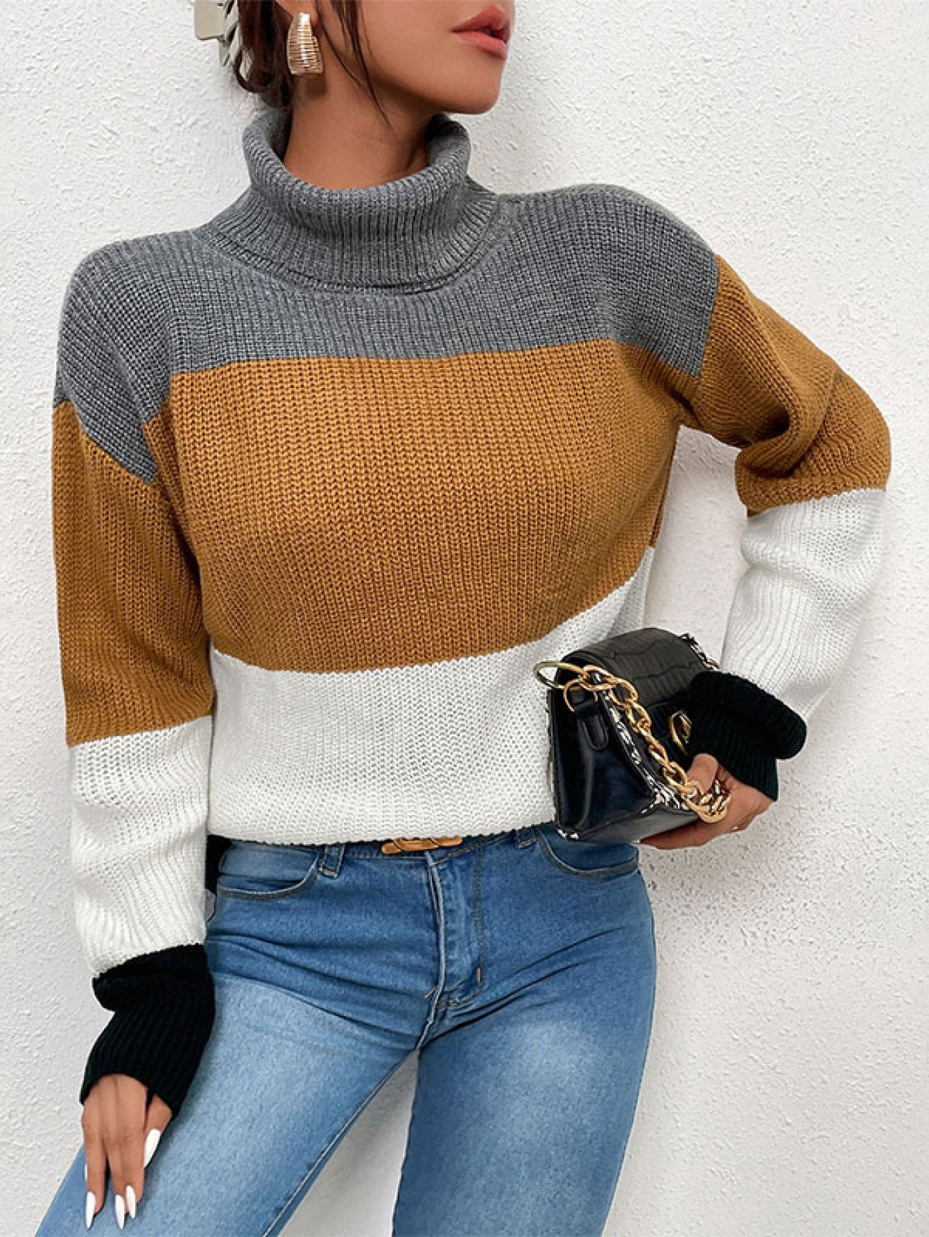 Color Block Turtleneck Knit Sweater