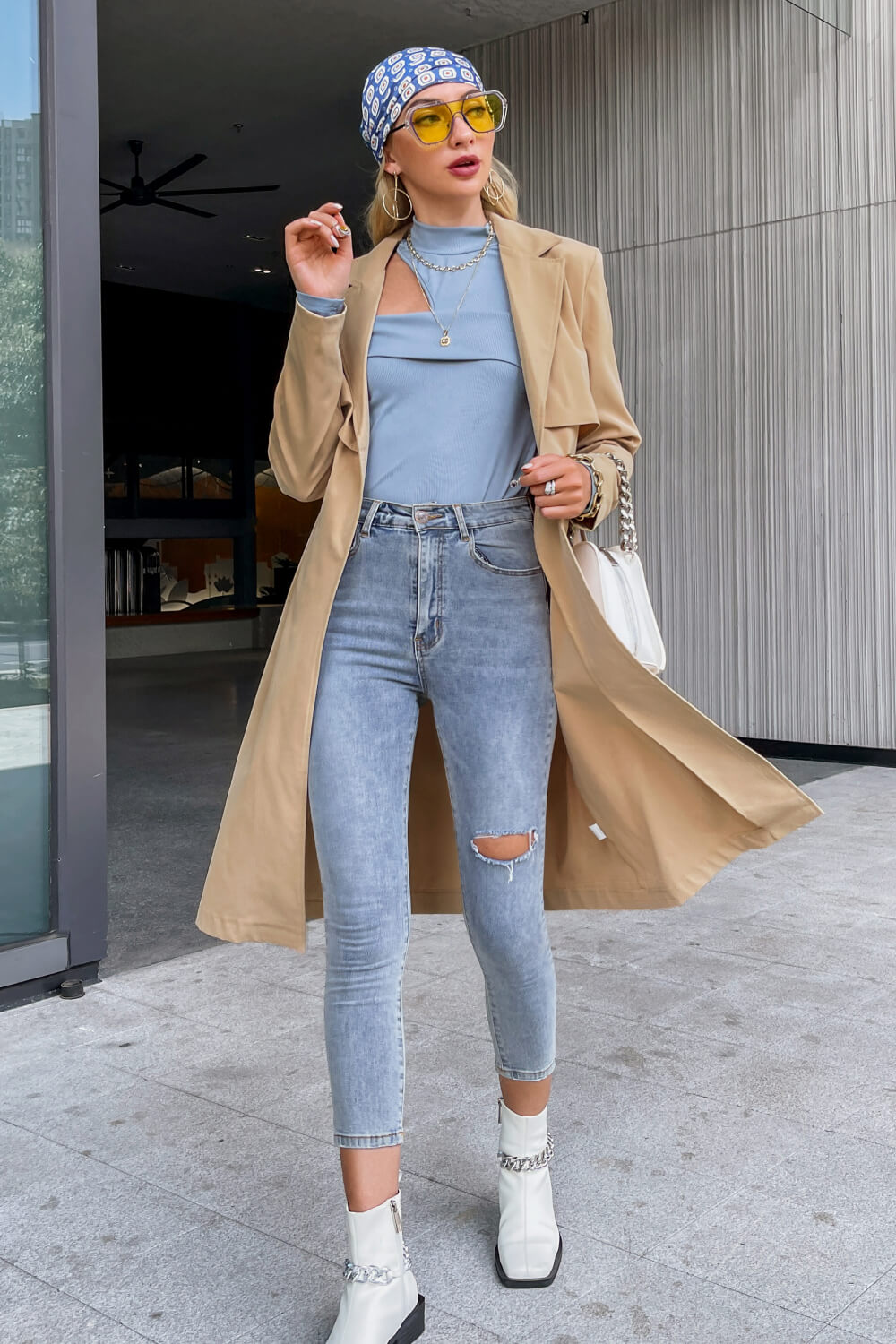 Lapel Collar Belted Trench Coat with Pockets