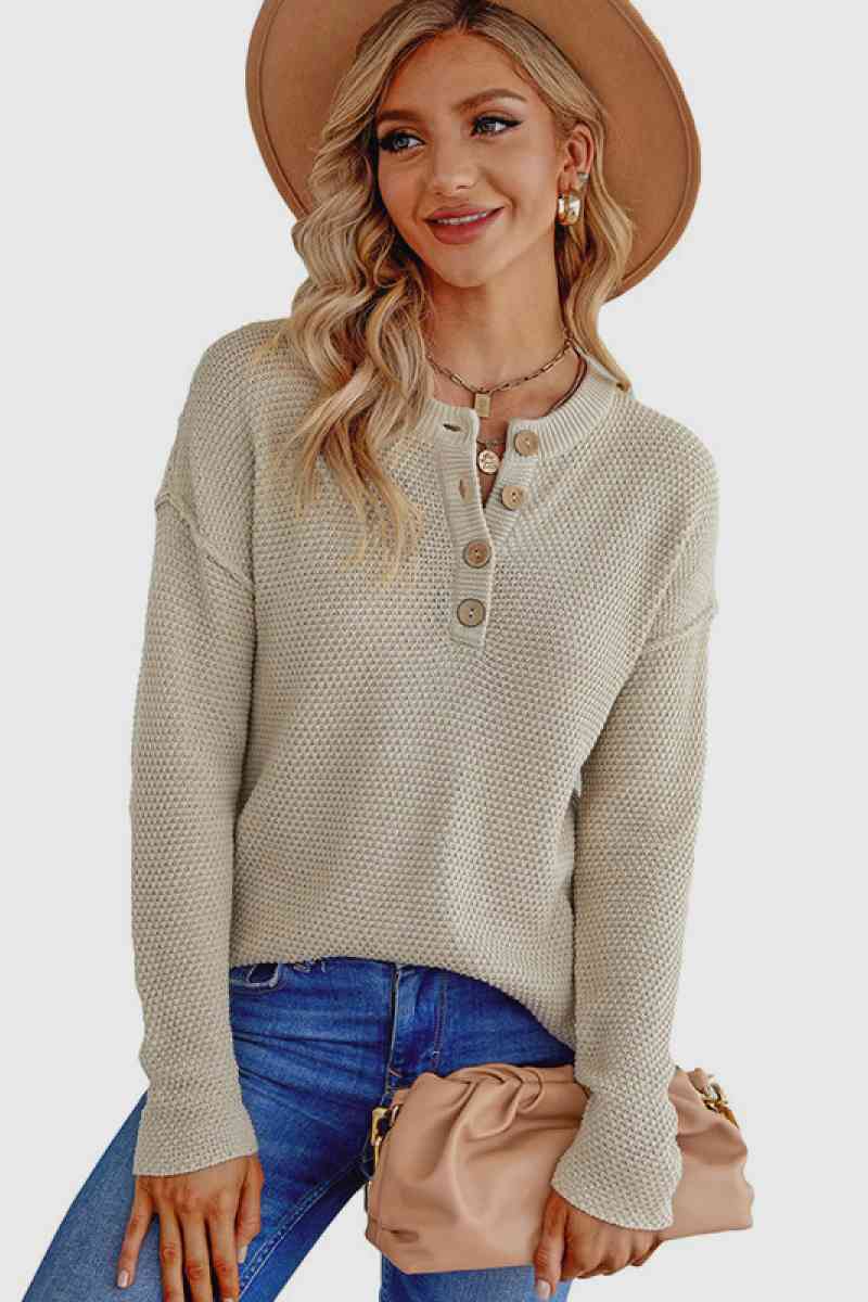 Quarter Button Dropped Shoulder Knit Pullover