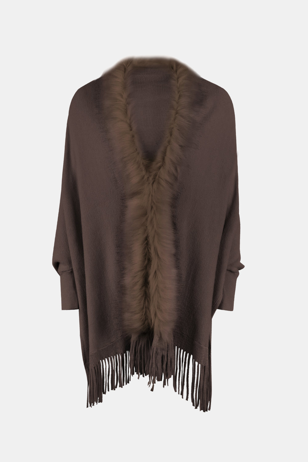 Faux Fur Trim Fringe Hem Poncho