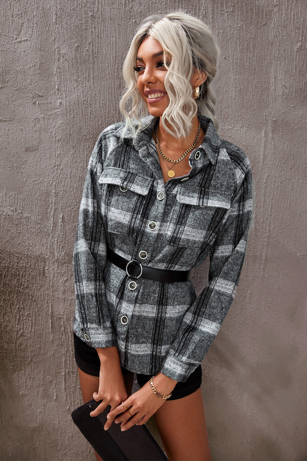 Plaid Print Buttoned Turn Down Collar Coat