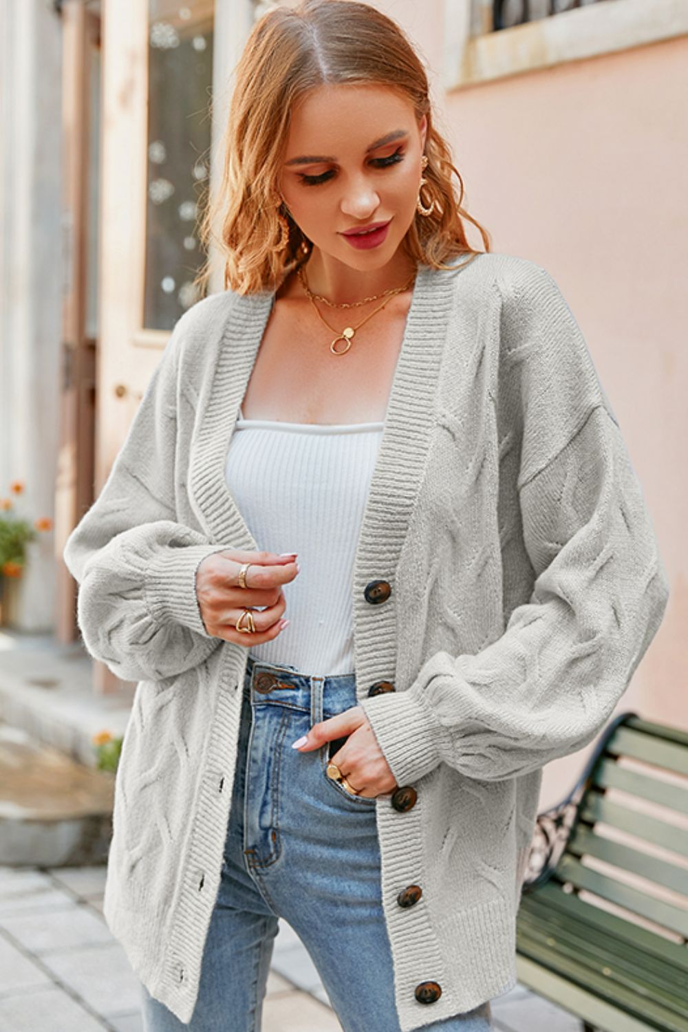 Ribbed Trim Button Down Lantern Sleeve Cardigan