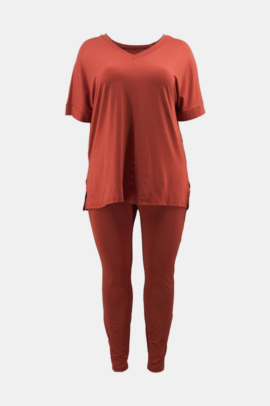 Plus Size V-Neck Slit Tee and Pants Set