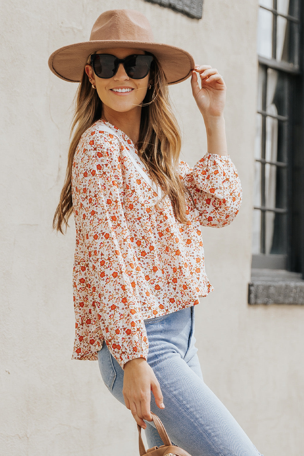 Floral Lace Contrast V-Neck Blouse