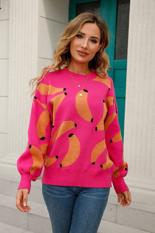 Fruit Pattern Dropped Shoulder Knit Pullover