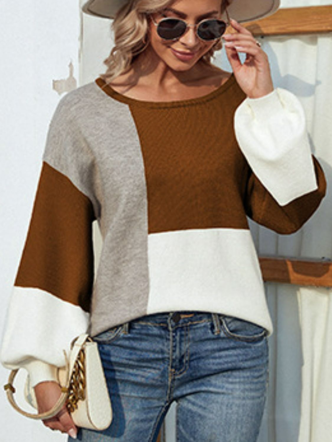 Color Block Tie Back Lantern Sleeve Sweater