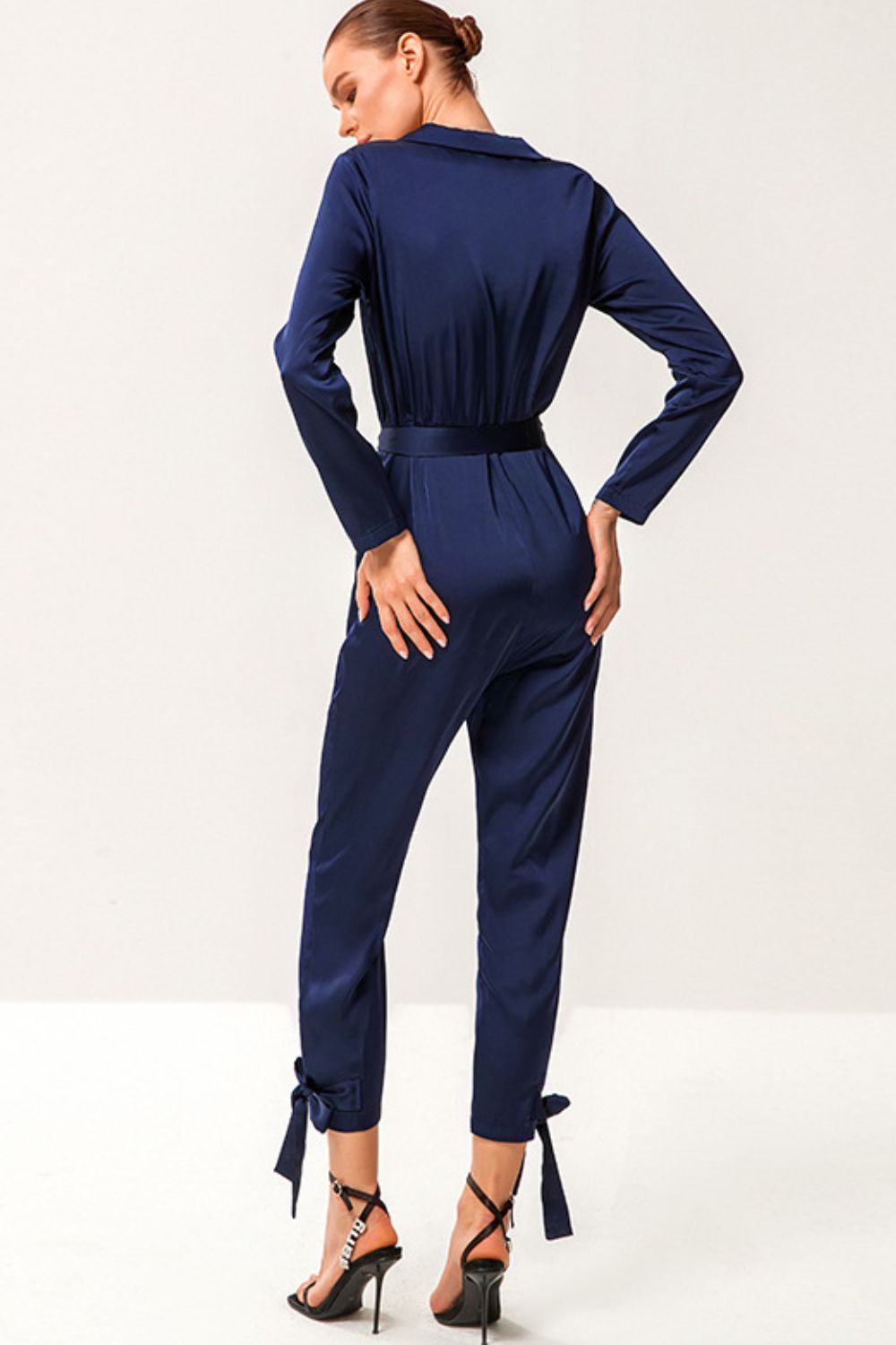 Tie-Waist Button Front Collared Satin Jumpsuit