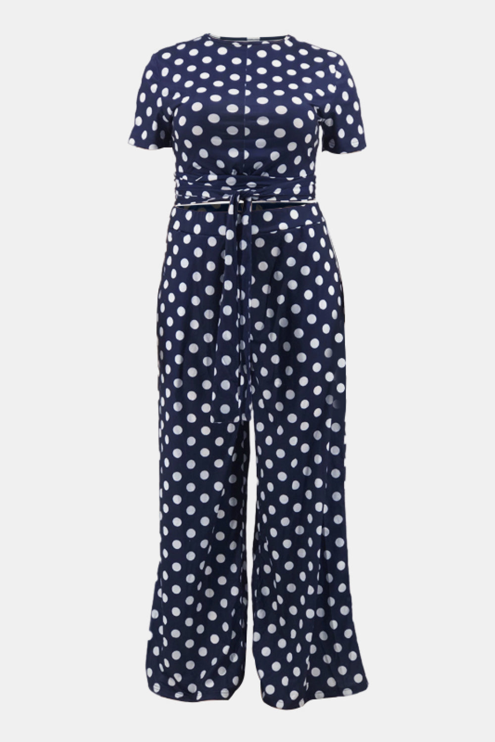 Plus Size Polka Dot Short Sleeve Top and Wide Leg Pants Set