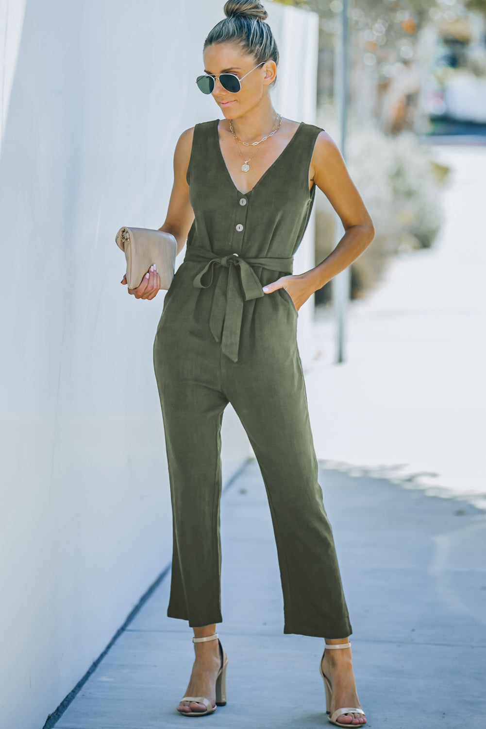 Belted V-Neck Sleeveless Jumpsuit with Pockets