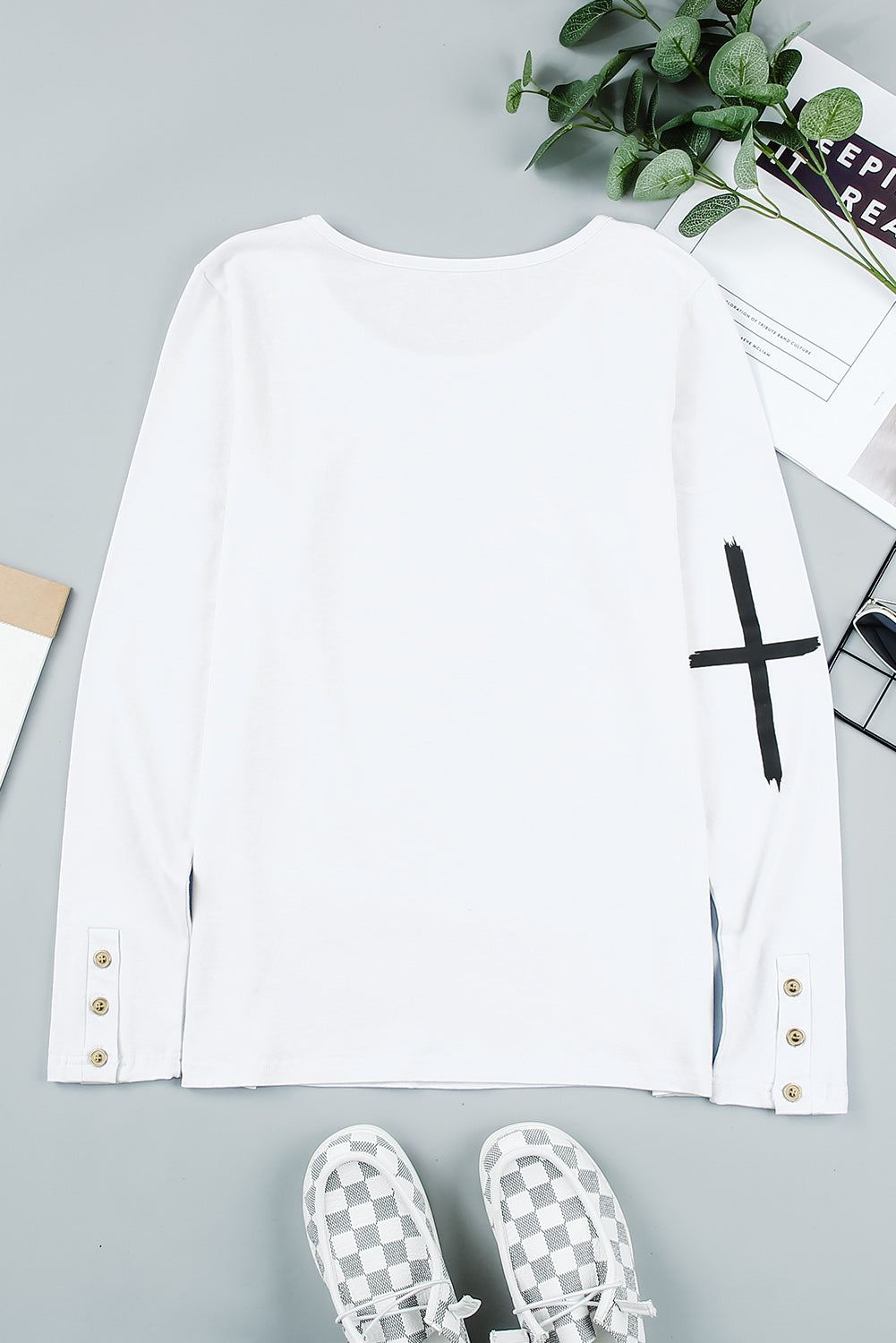 Graphic Button-Cuff Long Sleeve T-Shirt