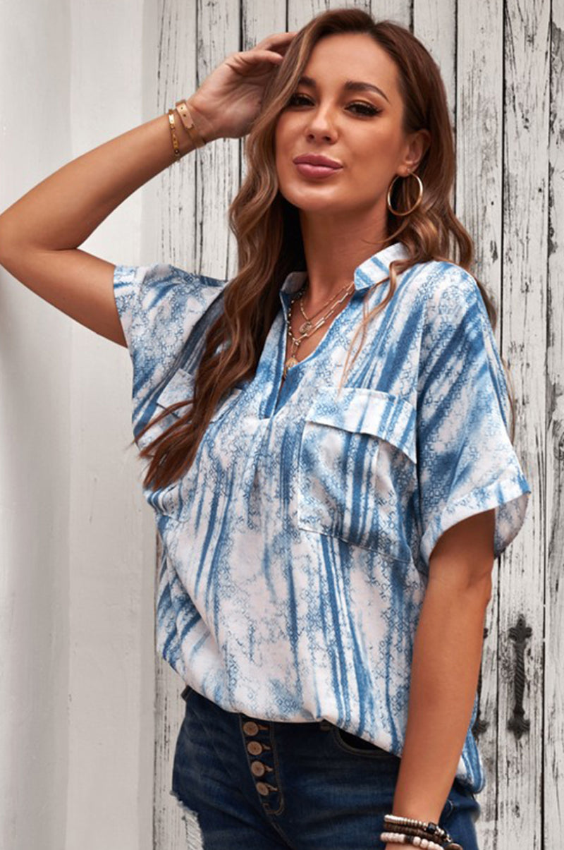 Printed Pocket Short Sleeve Blouse