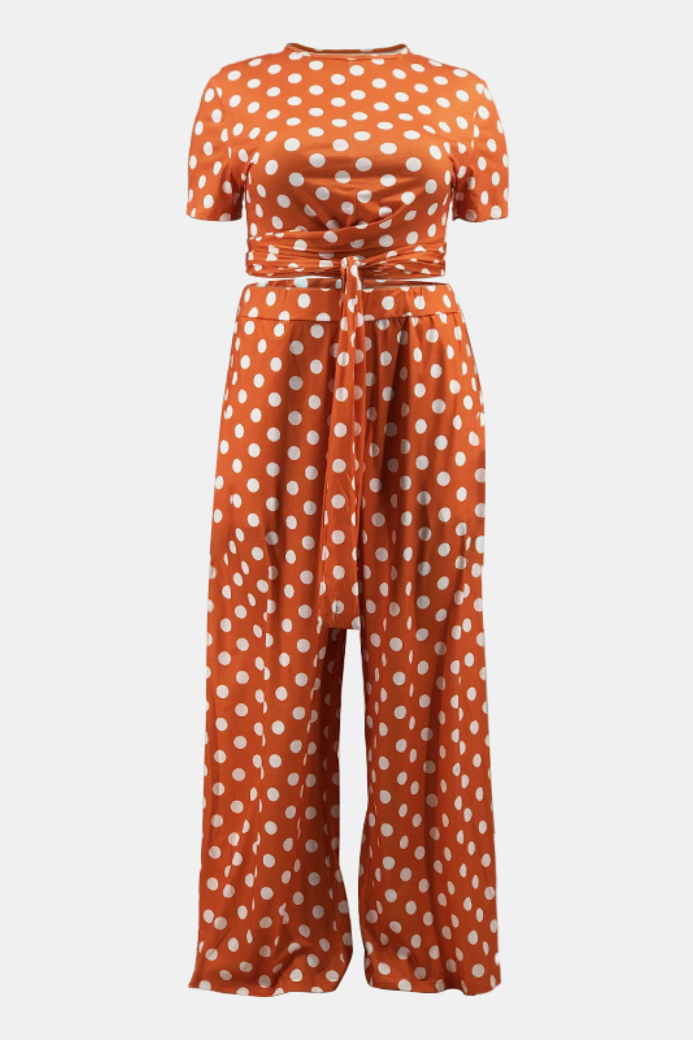 Plus Size Polka Dot Short Sleeve Top and Wide Leg Pants Set