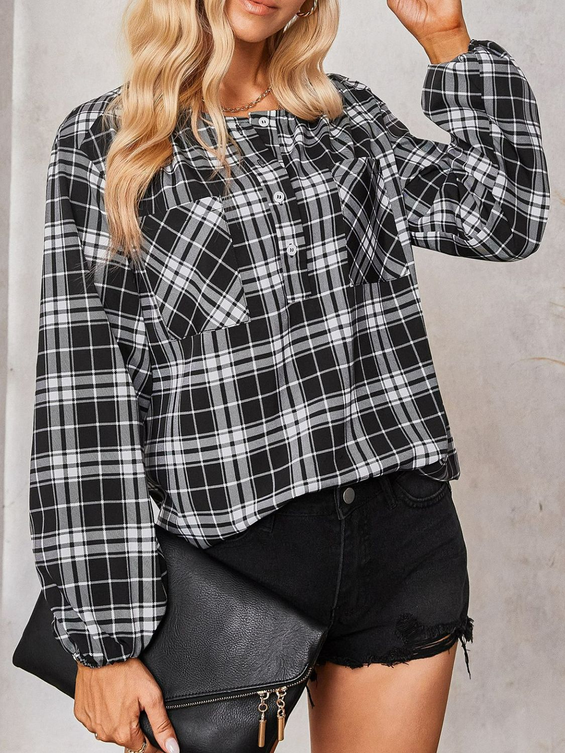 Plaid Scoop Neck Balloon Sleeve Henley