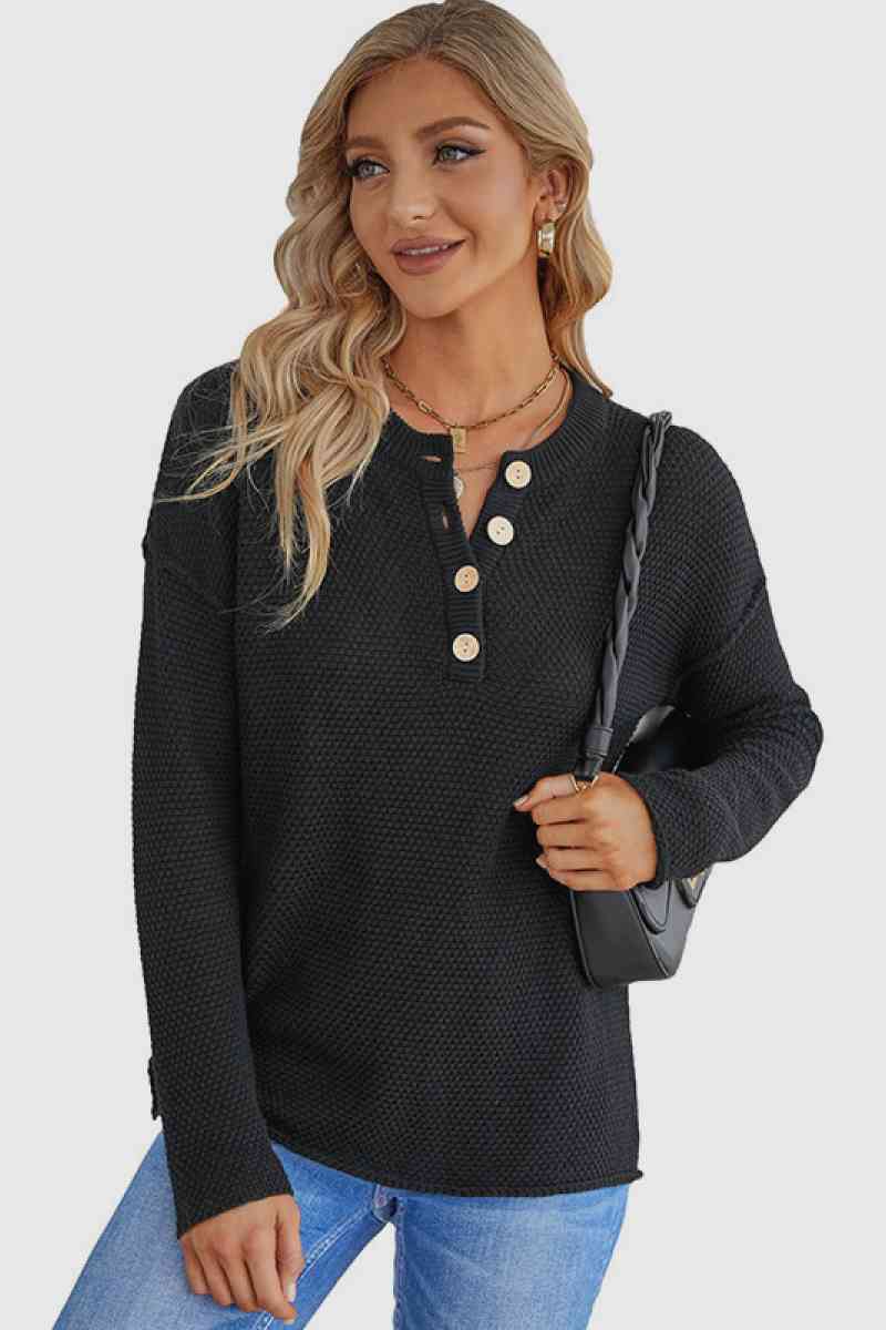 Quarter Button Dropped Shoulder Knit Pullover