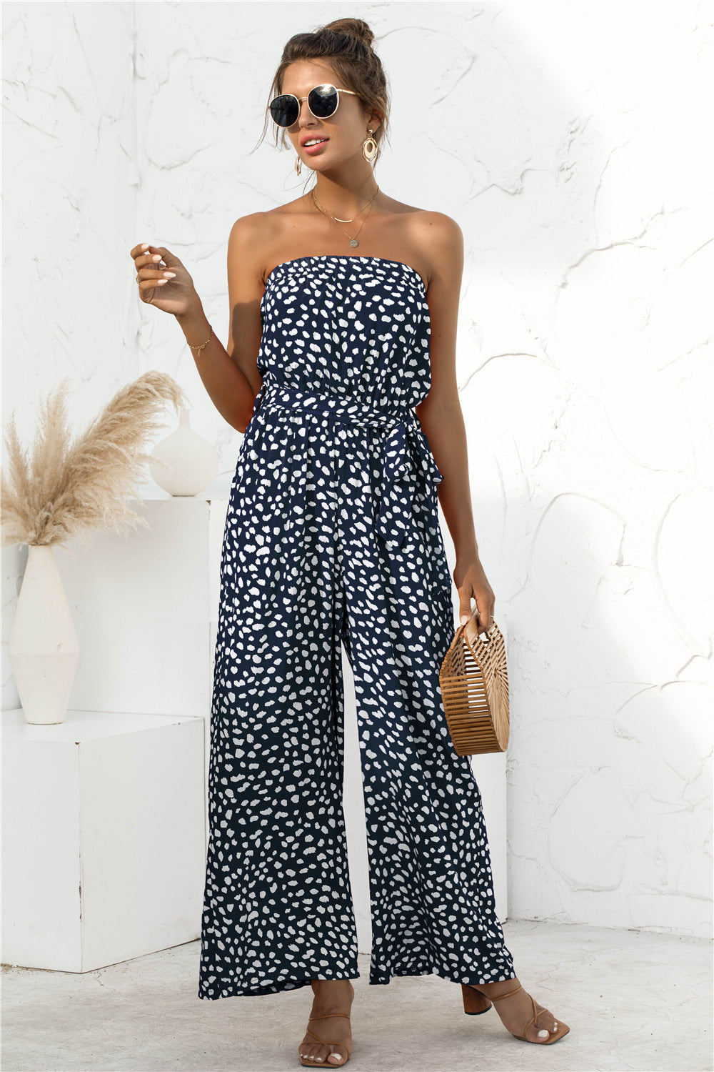 Printed Strapless Wide Leg Jumpsuit