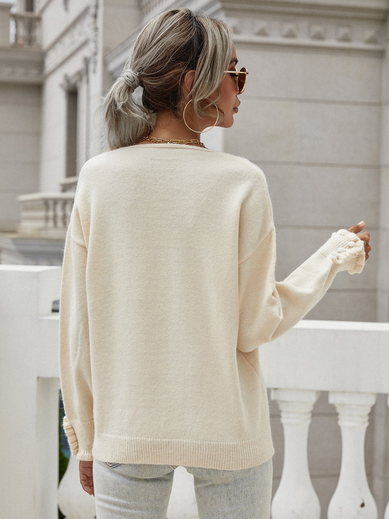 Frilled Sleeves V-Neck Sweater