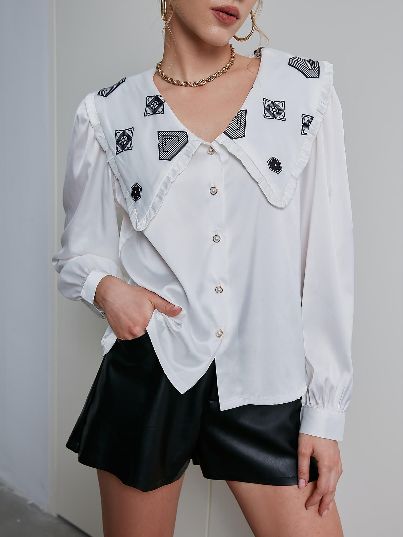 Geometric Print Statement Collar Bishop Sleeve Shirt