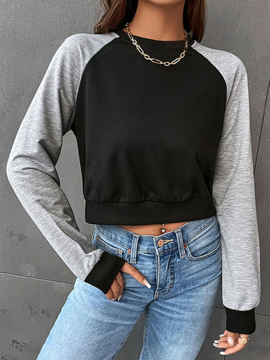 Two-Tone Raglan Sleeve Cropped Sweatshirt