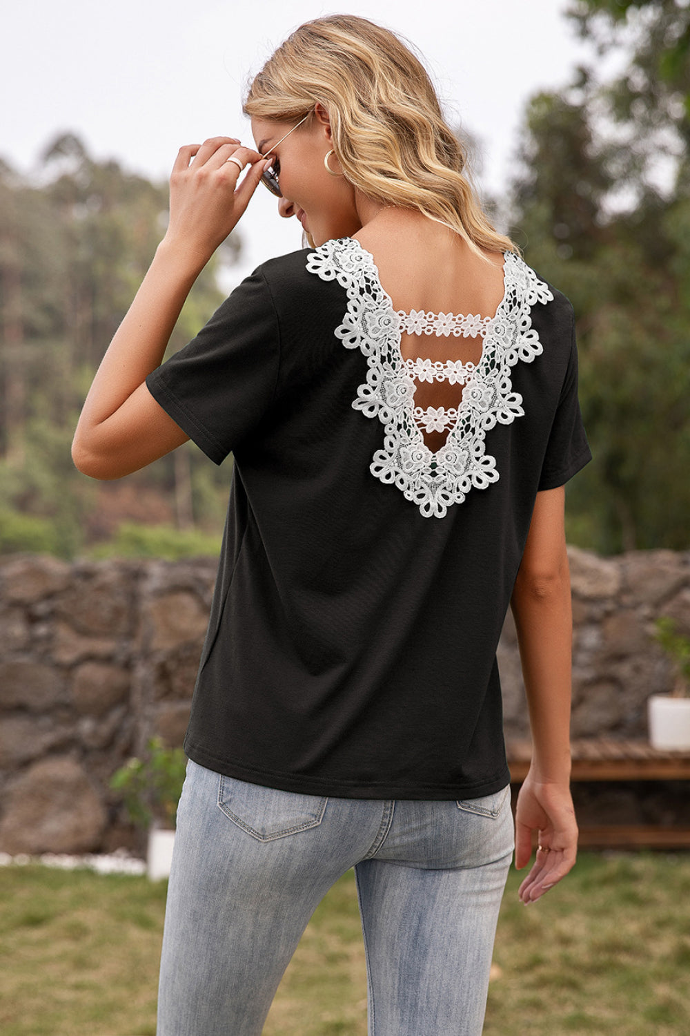 Contrast Crochet Lace Back Top