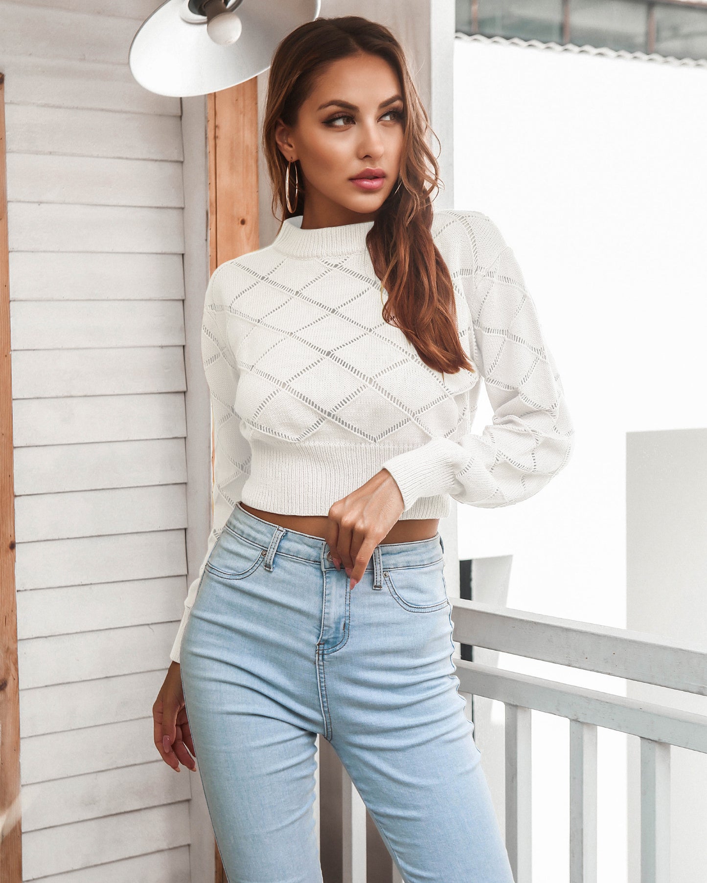 Openwork Ribbed Trim Long Sleeve Cropped Sweater