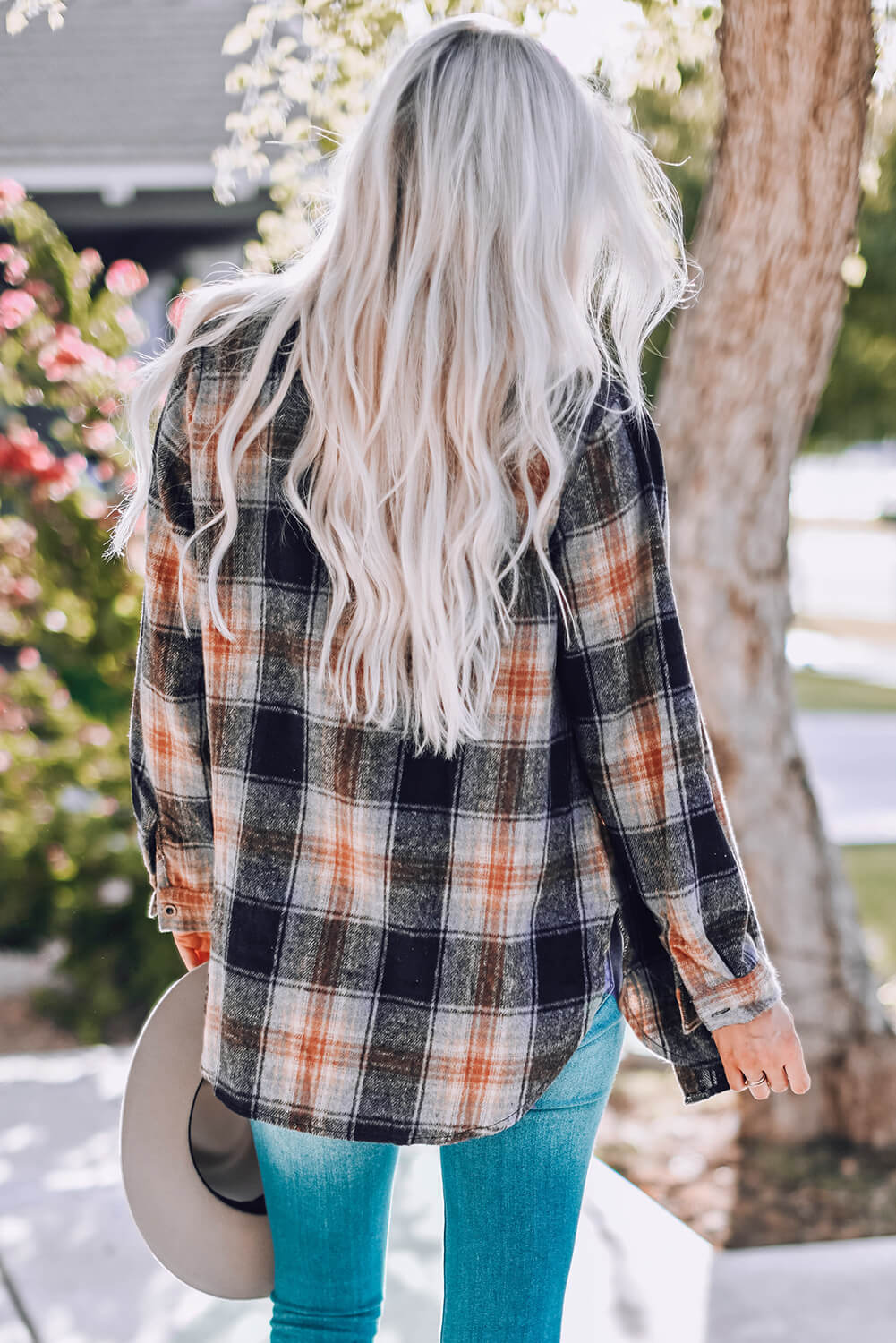 Plaid Side Slit Curved Hem Shirt