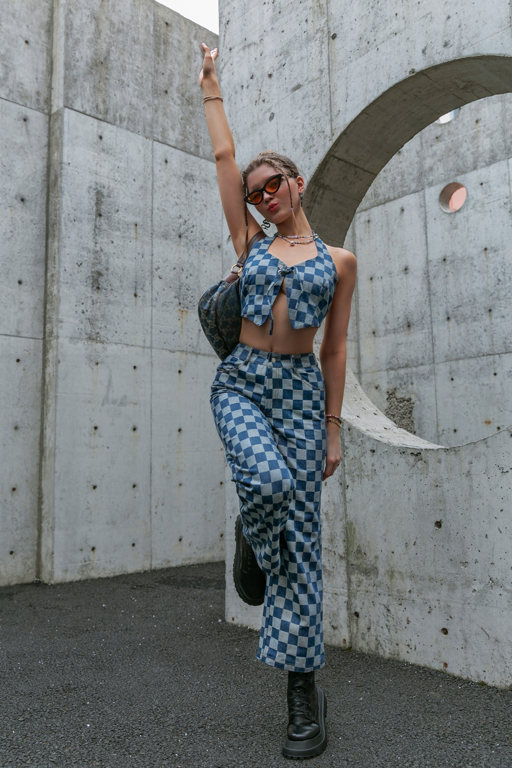 Checkered Lace Up Cropped Top and Pants Set