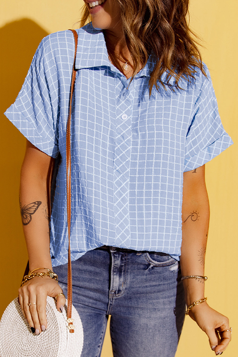 Grid Button Front Curved Hem Short Sleeve Shirt