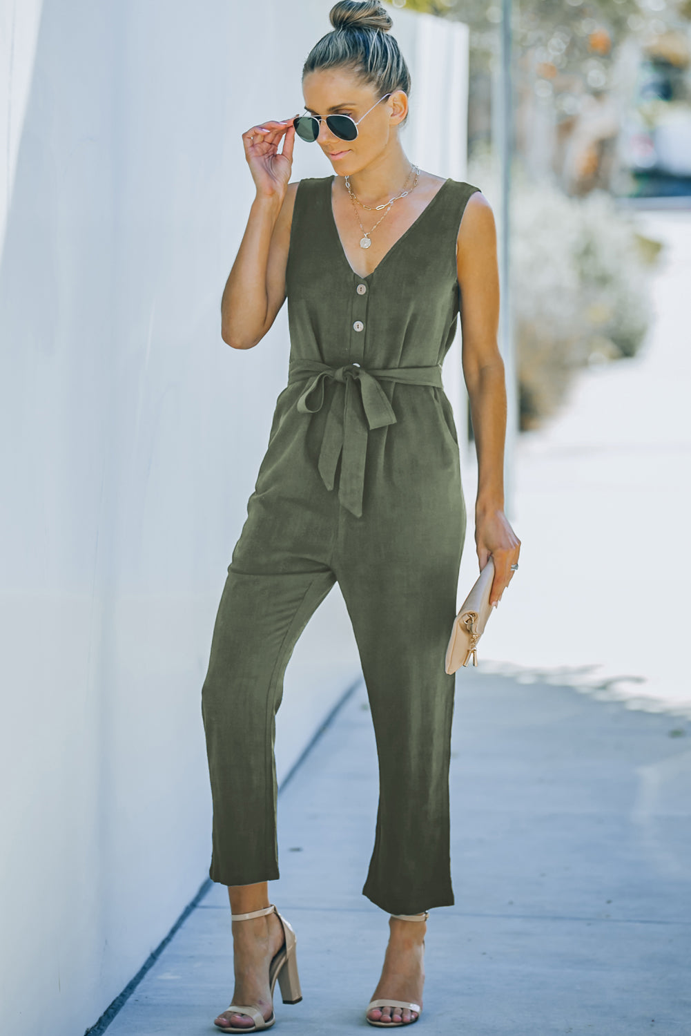 Belted V-Neck Sleeveless Jumpsuit with Pockets